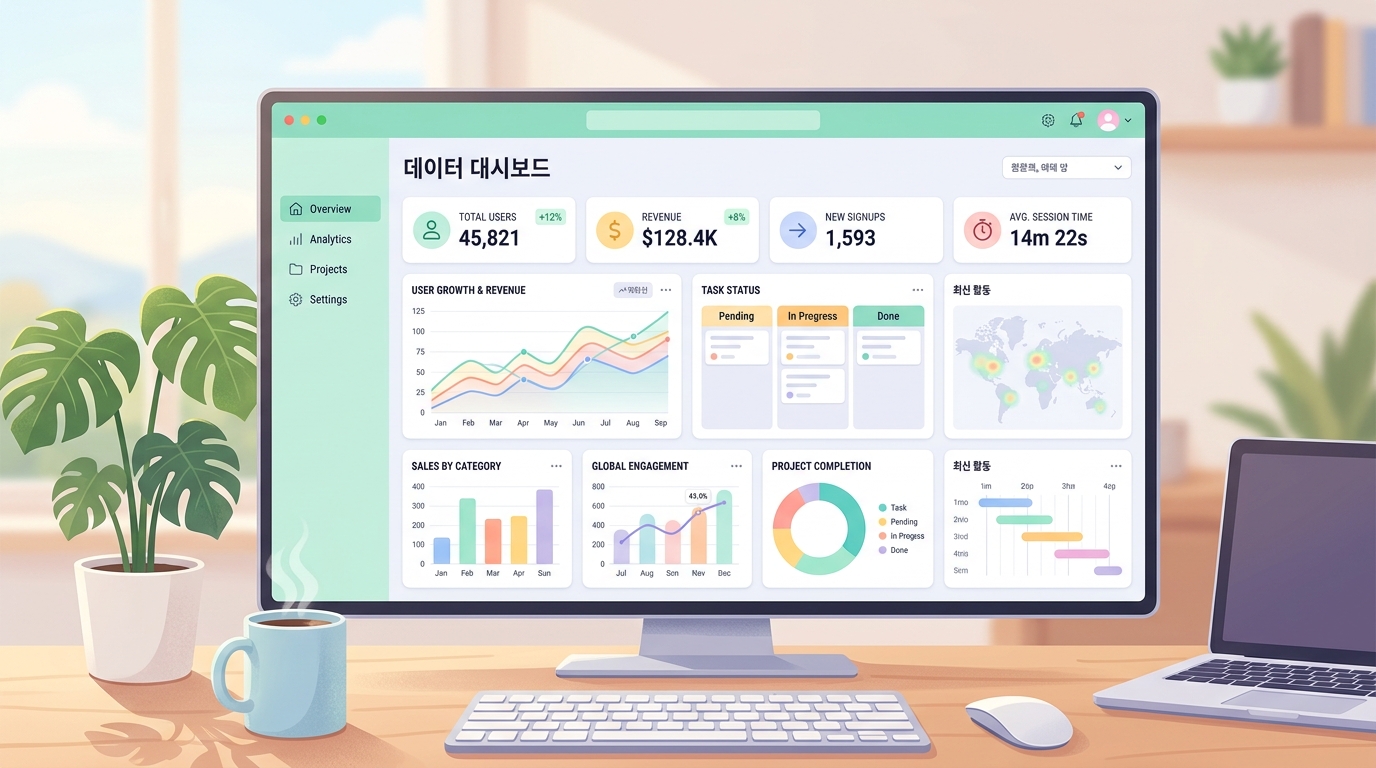 AI가 통합된 현대적 마케팅 대시보드의 모습