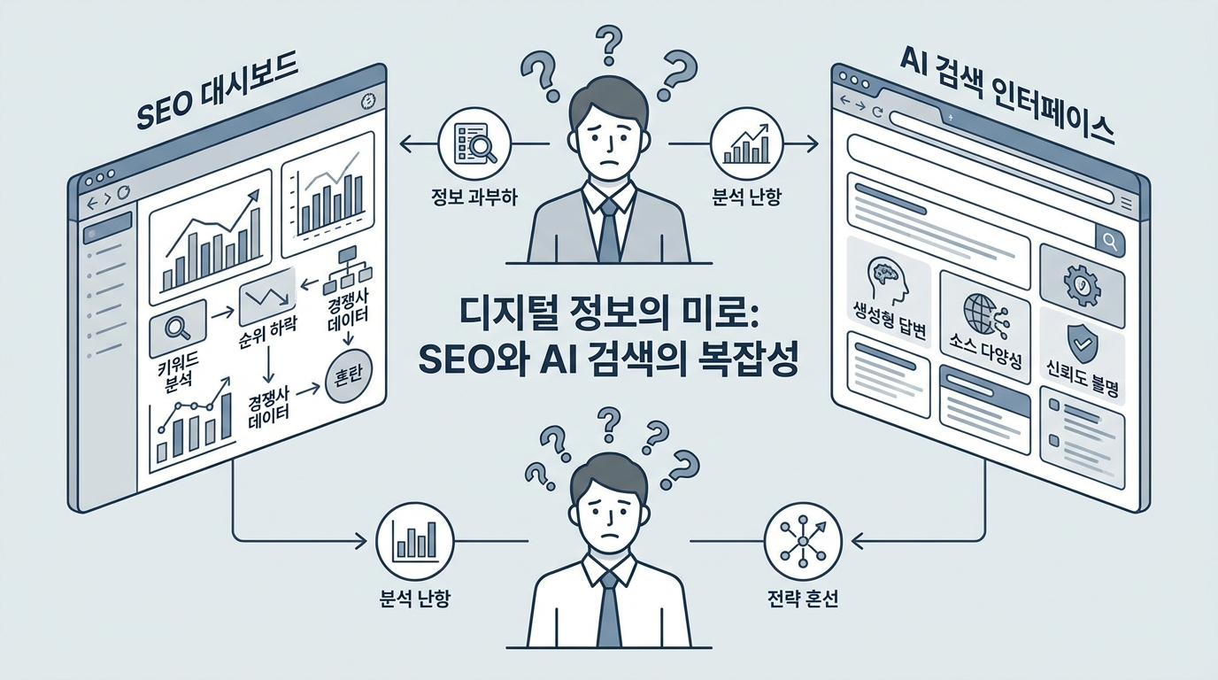 기존 SEO 대시보드를 보며 혼란스러워하는 마케터의 모습