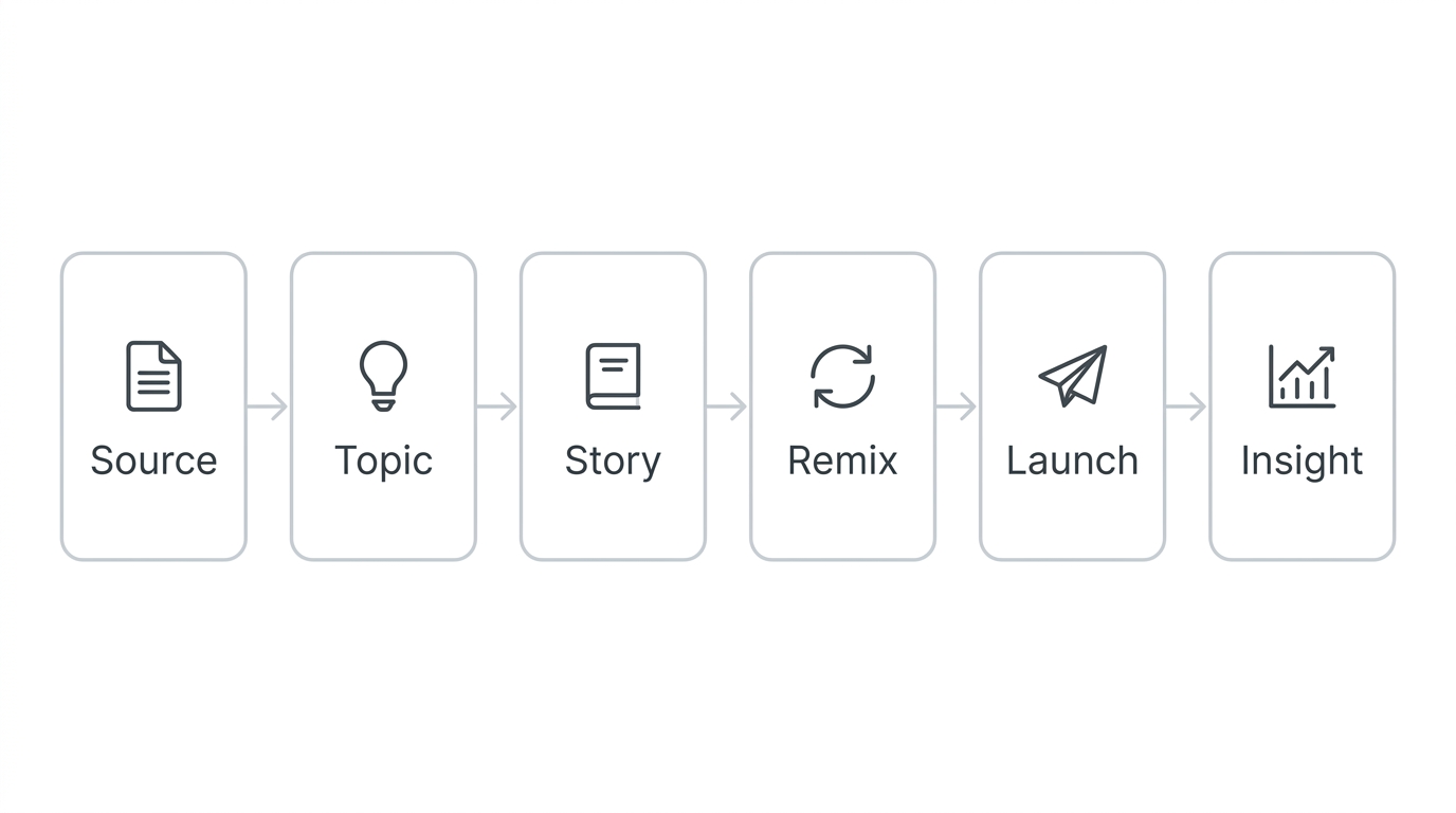 Source, Topic, Story, Remix, Launch, Insight로 이어지는 6단계 파이프라인 도식